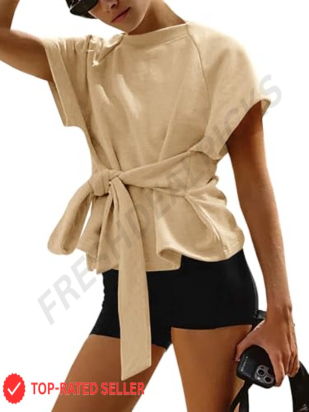 Fisoew Women's Short Sleeve Tie Front Wrap T-Shirt Casual Top